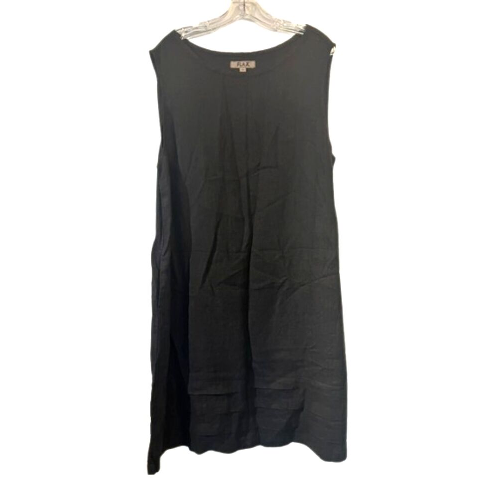FLAX 100% Linen Sleeveless Shift Dress Black Tiered Pintuck Pleat Hem Size Large